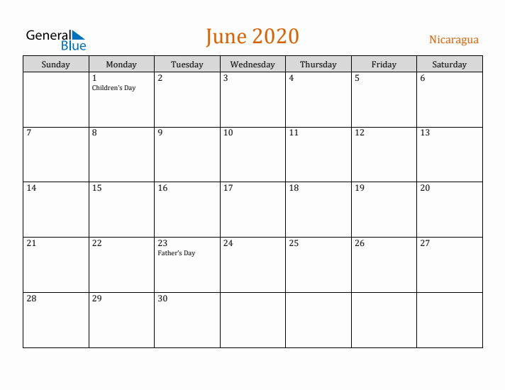 June 2020 Holiday Calendar with Sunday Start