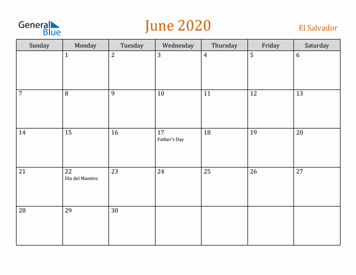 June 2020 Holiday Calendar with Sunday Start