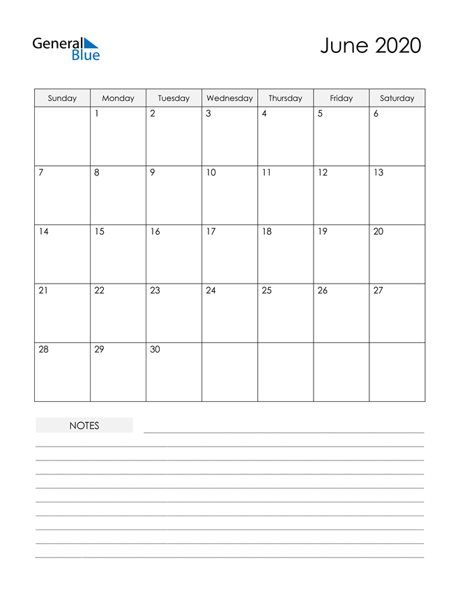  Printable Calendar with Notes - June 2020