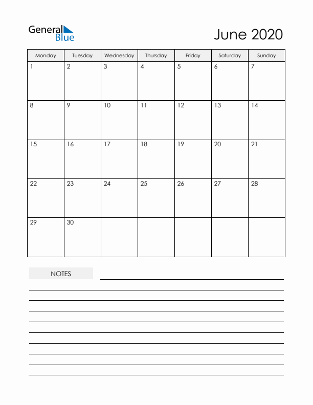 Printable Calendar with Notes - June 2020 