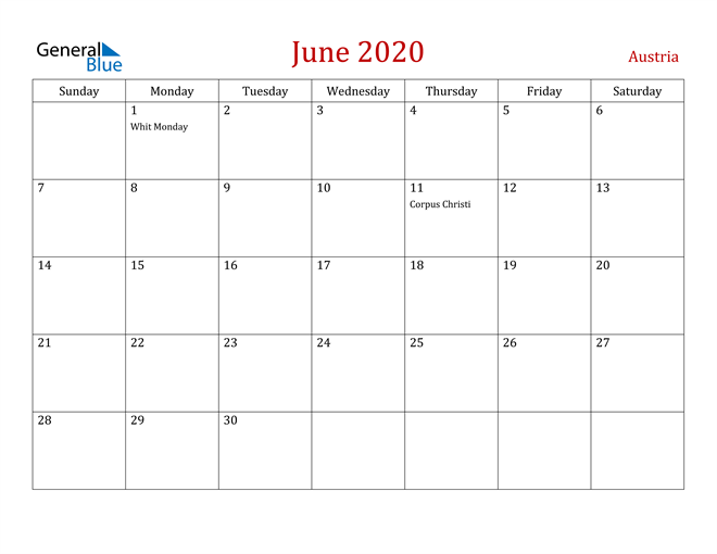 Austria June 2020 Calendar