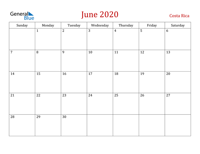 Costa Rica June 2020 Calendar