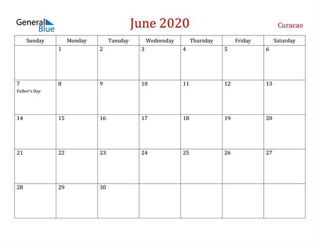 Curacao June 2020 Calendar