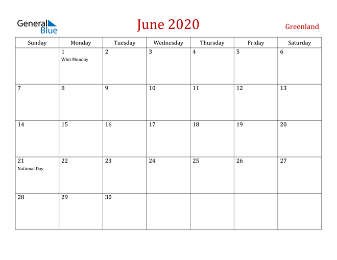Greenland June 2020 Calendar