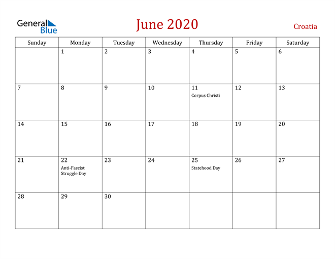 Croatia June 2020 Calendar
