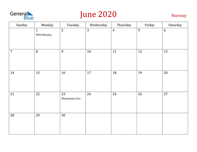 Norway June 2020 Calendar