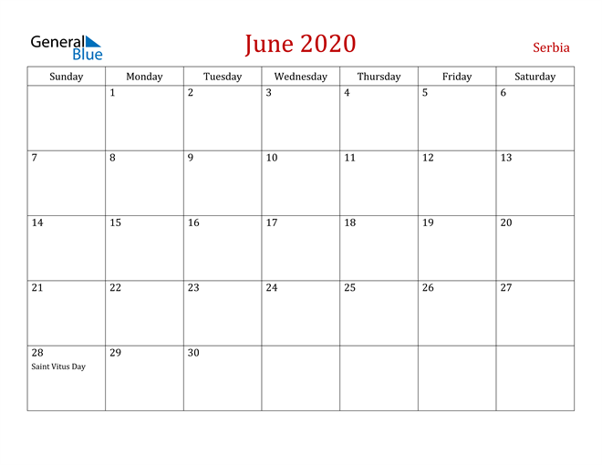 Serbia June 2020 Calendar