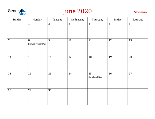 Slovenia June 2020 Calendar