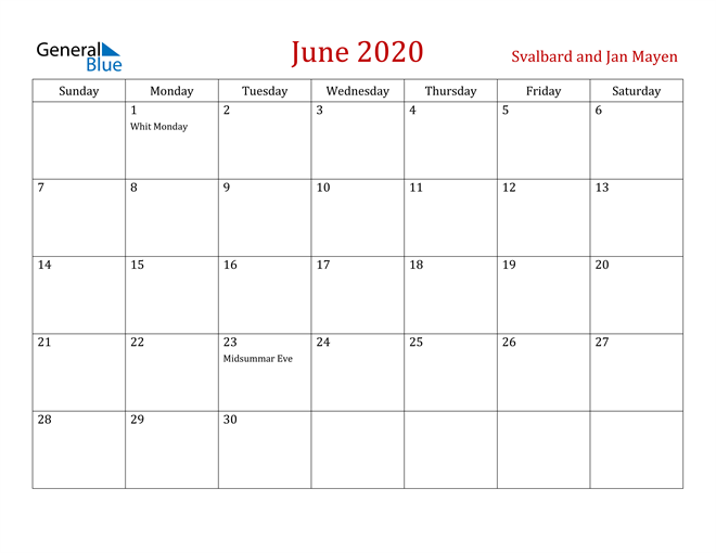 Svalbard and Jan Mayen June 2020 Calendar