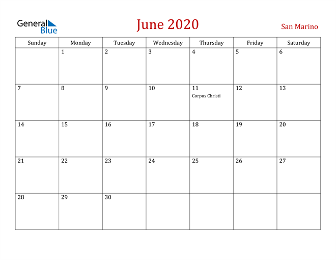 San Marino June 2020 Calendar