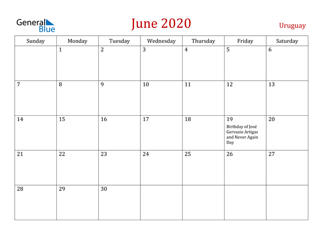 Uruguay June 2020 Calendar