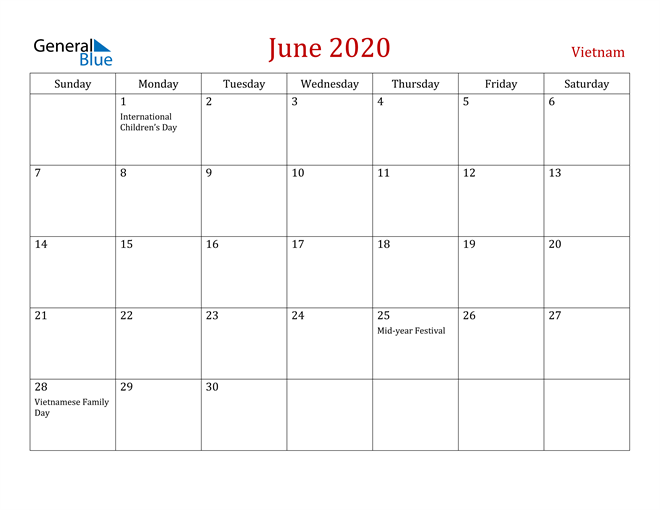 Vietnam June 2020 Calendar