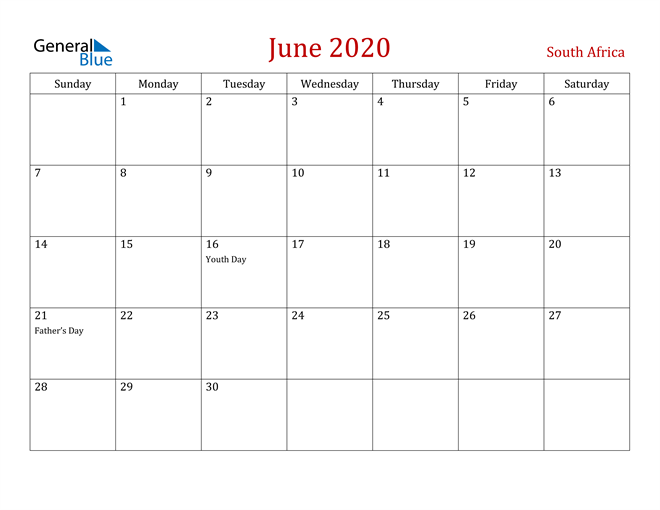South Africa June 2020 Calendar