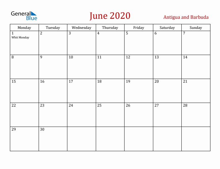 Antigua and Barbuda June 2020 Calendar - Monday Start