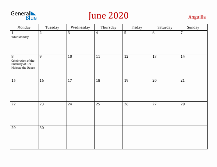 Anguilla June 2020 Calendar - Monday Start