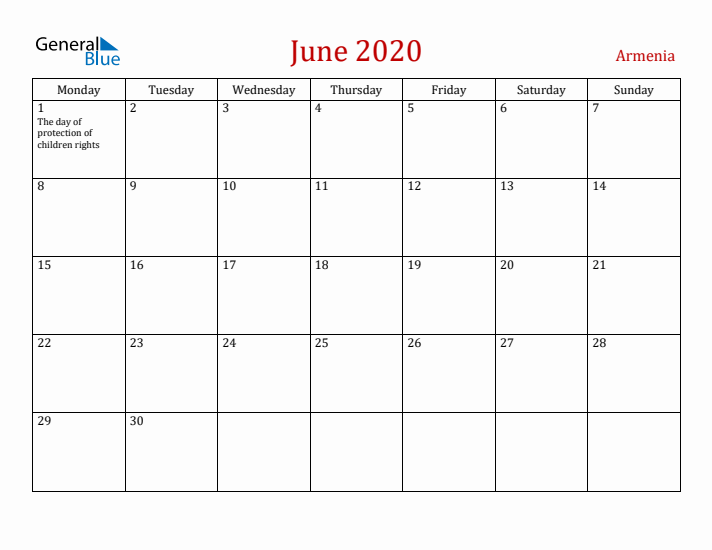 Armenia June 2020 Calendar - Monday Start
