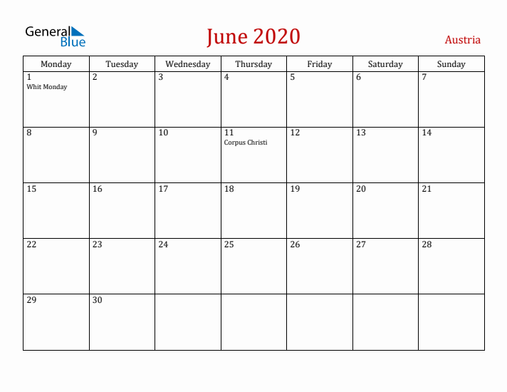 Austria June 2020 Calendar - Monday Start
