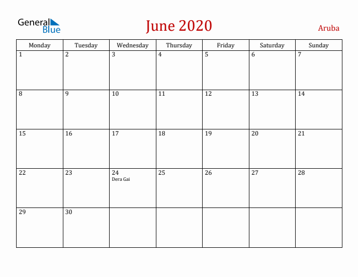 Aruba June 2020 Calendar - Monday Start