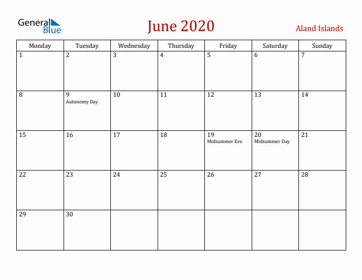 Aland Islands June 2020 Calendar - Monday Start