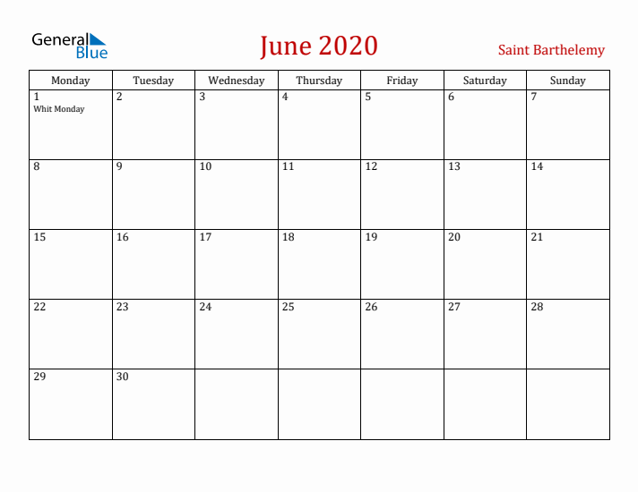 Saint Barthelemy June 2020 Calendar - Monday Start