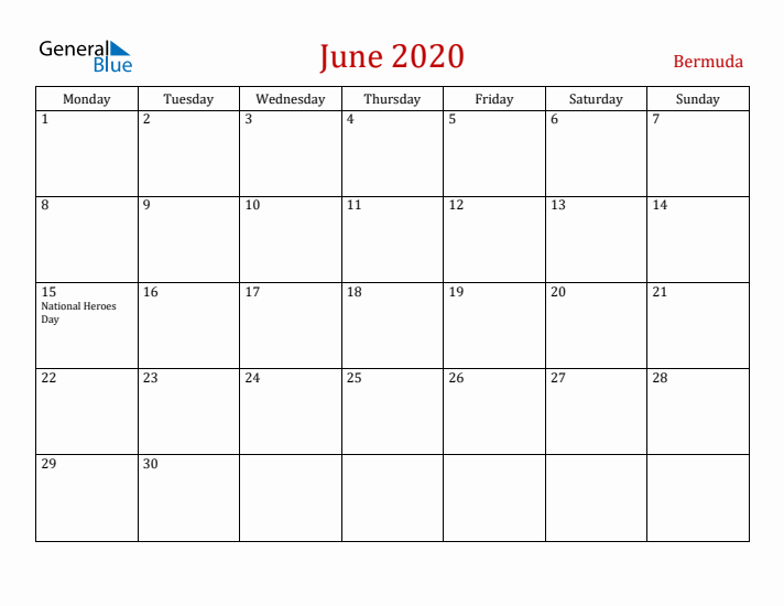Bermuda June 2020 Calendar - Monday Start