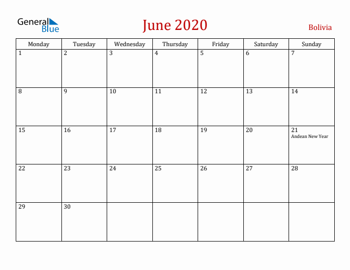 Bolivia June 2020 Calendar - Monday Start