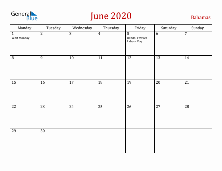 Bahamas June 2020 Calendar - Monday Start