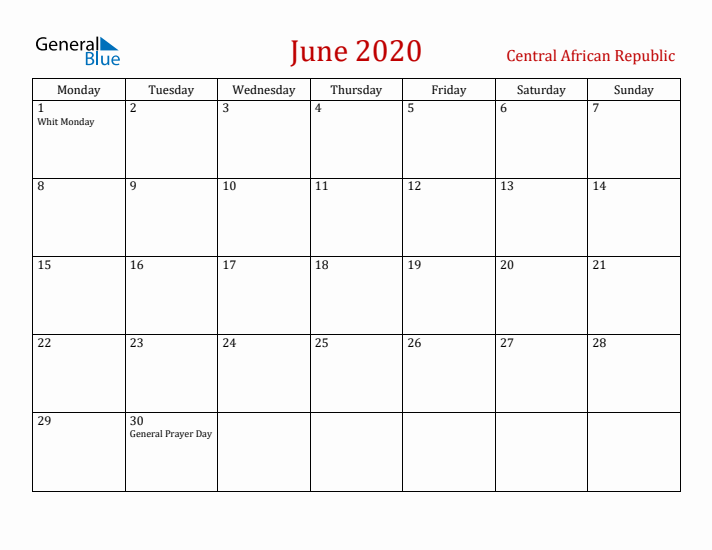 Central African Republic June 2020 Calendar - Monday Start