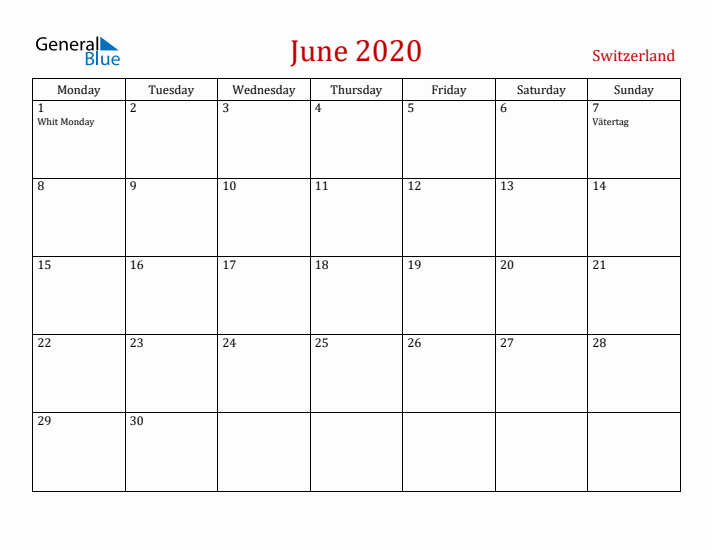 Switzerland June 2020 Calendar - Monday Start