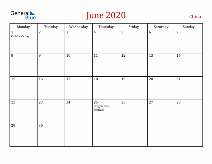China June 2020 Calendar - Monday Start