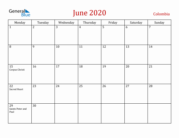 Colombia June 2020 Calendar - Monday Start