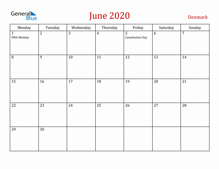 Denmark June 2020 Calendar - Monday Start