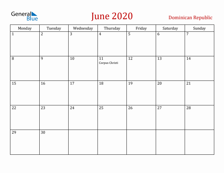 Dominican Republic June 2020 Calendar - Monday Start