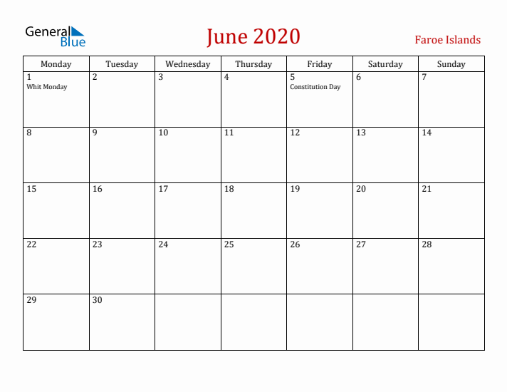 Faroe Islands June 2020 Calendar - Monday Start