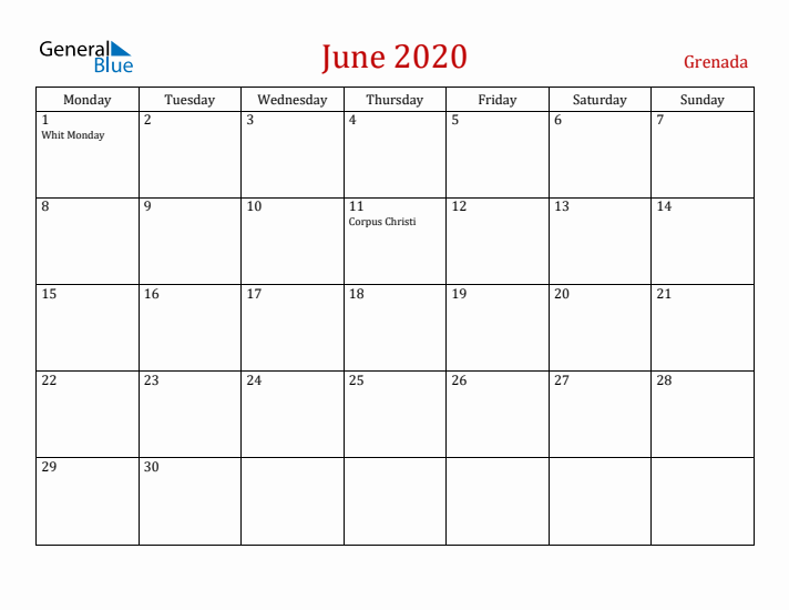 Grenada June 2020 Calendar - Monday Start