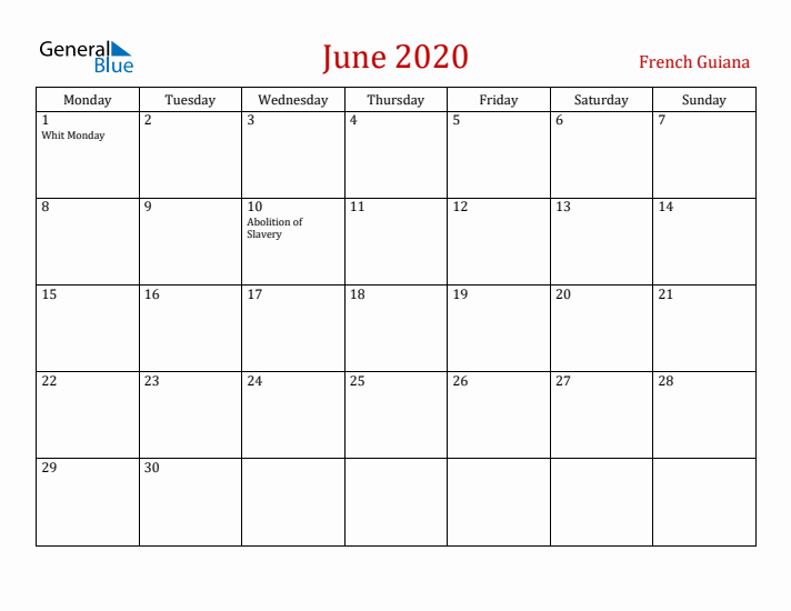 French Guiana June 2020 Calendar - Monday Start