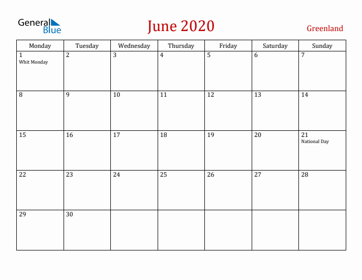 Greenland June 2020 Calendar - Monday Start