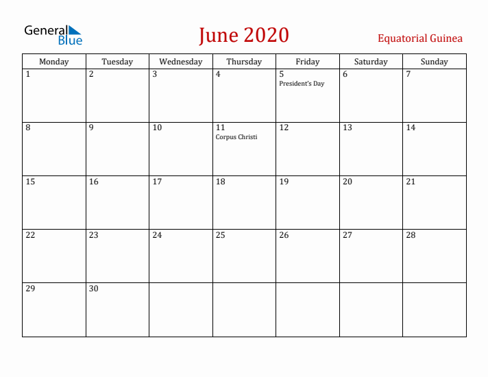Equatorial Guinea June 2020 Calendar - Monday Start