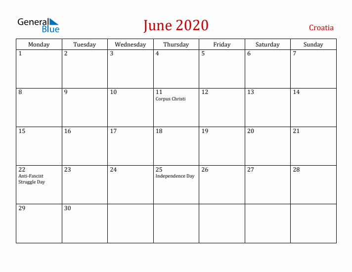 Croatia June 2020 Calendar - Monday Start
