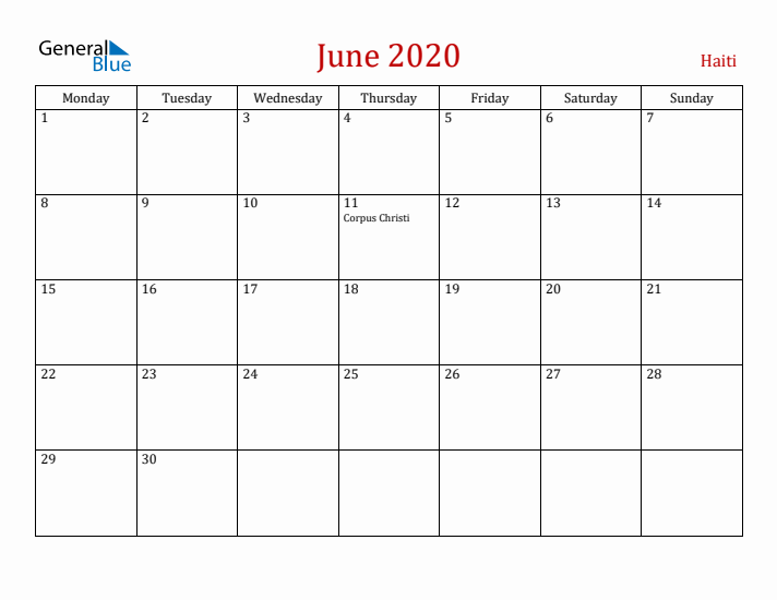 Haiti June 2020 Calendar - Monday Start