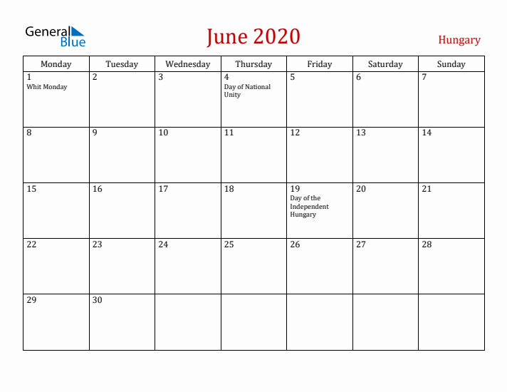 Hungary June 2020 Calendar - Monday Start
