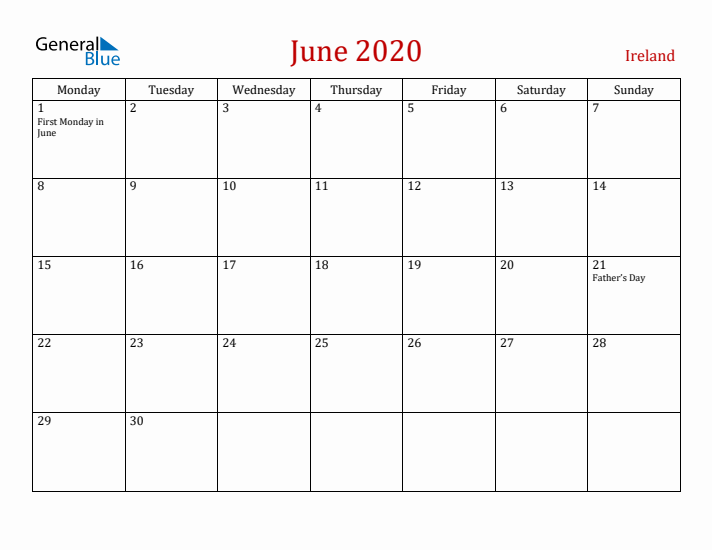 Ireland June 2020 Calendar - Monday Start