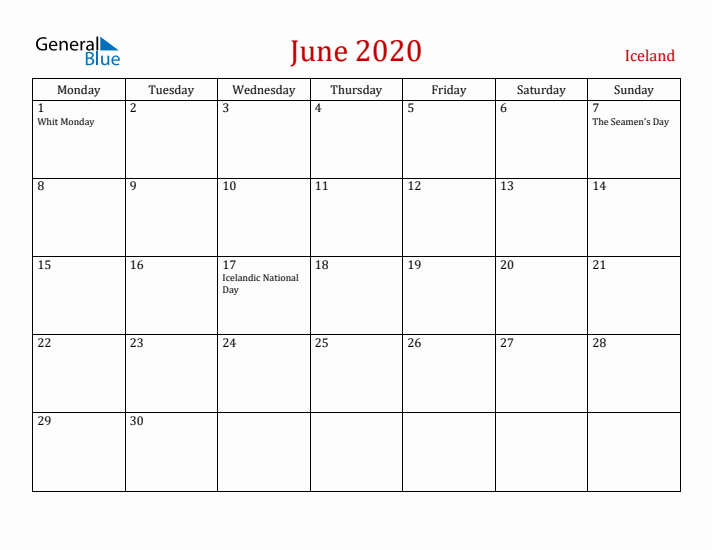 Iceland June 2020 Calendar - Monday Start