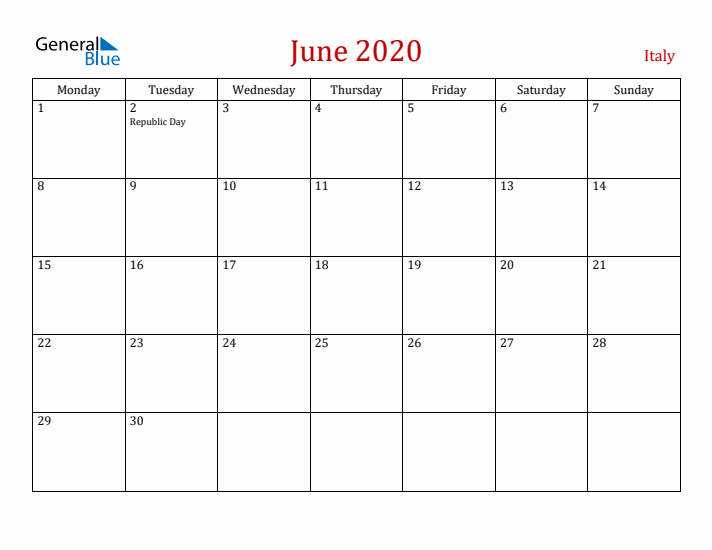 Italy June 2020 Calendar - Monday Start