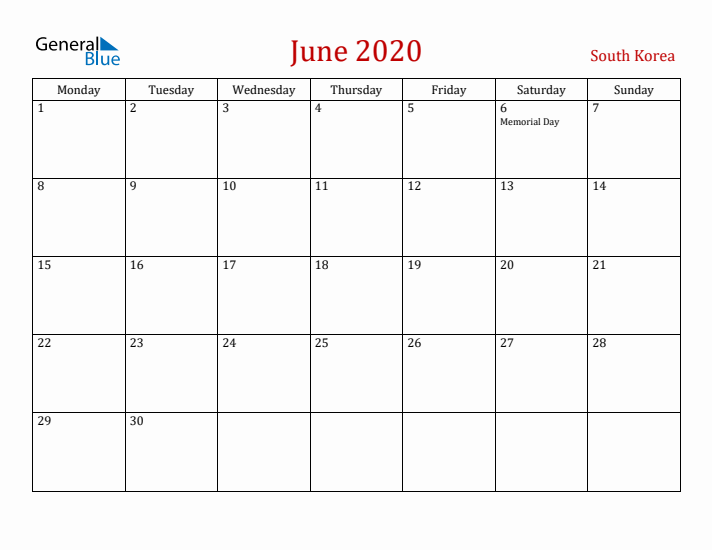 South Korea June 2020 Calendar - Monday Start