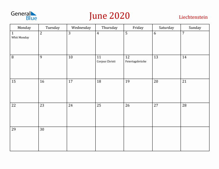 Liechtenstein June 2020 Calendar - Monday Start