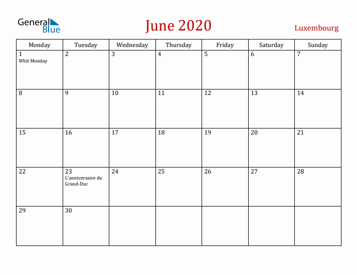 Luxembourg June 2020 Calendar - Monday Start