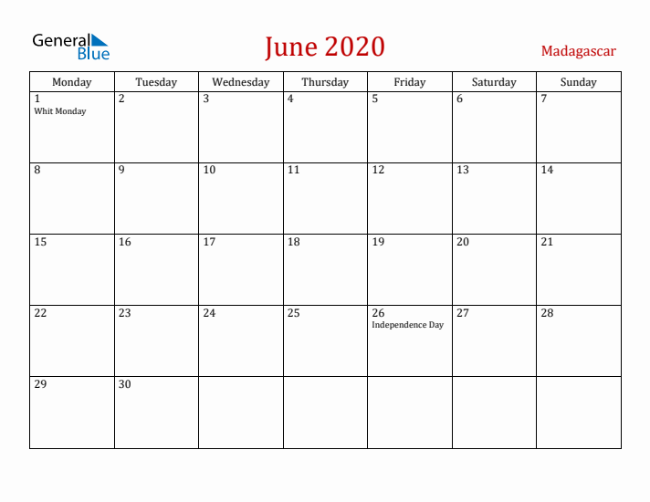Madagascar June 2020 Calendar - Monday Start