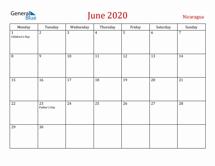Nicaragua June 2020 Calendar - Monday Start