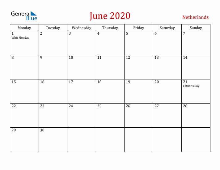 The Netherlands June 2020 Calendar - Monday Start